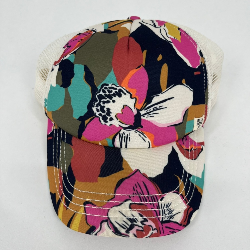 Billabong Womens Tropical Floral Trucker Hat Snapback Mesh White Multi Color